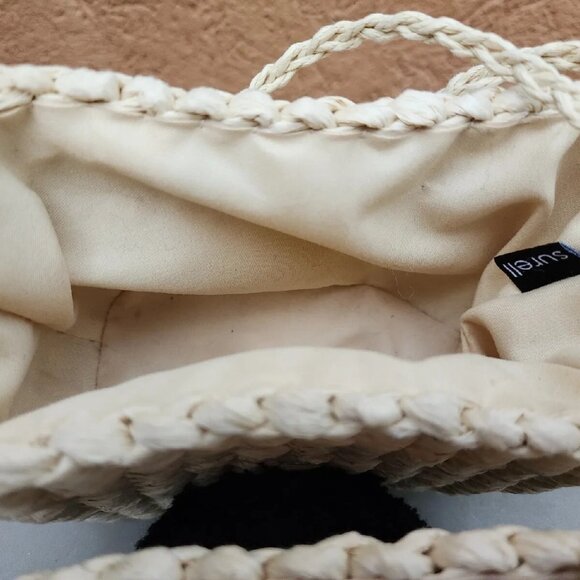 Surell Natural Straw Small Rectangle Basket Crossbody Handbag W/Black PomPom -EC - Picture 10 of 10